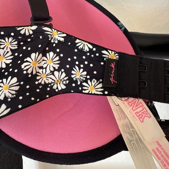 PINK‎ Victoria's Secret Daisy Floral Print Black Push Up Bra 32DD - Picture 3 of 4